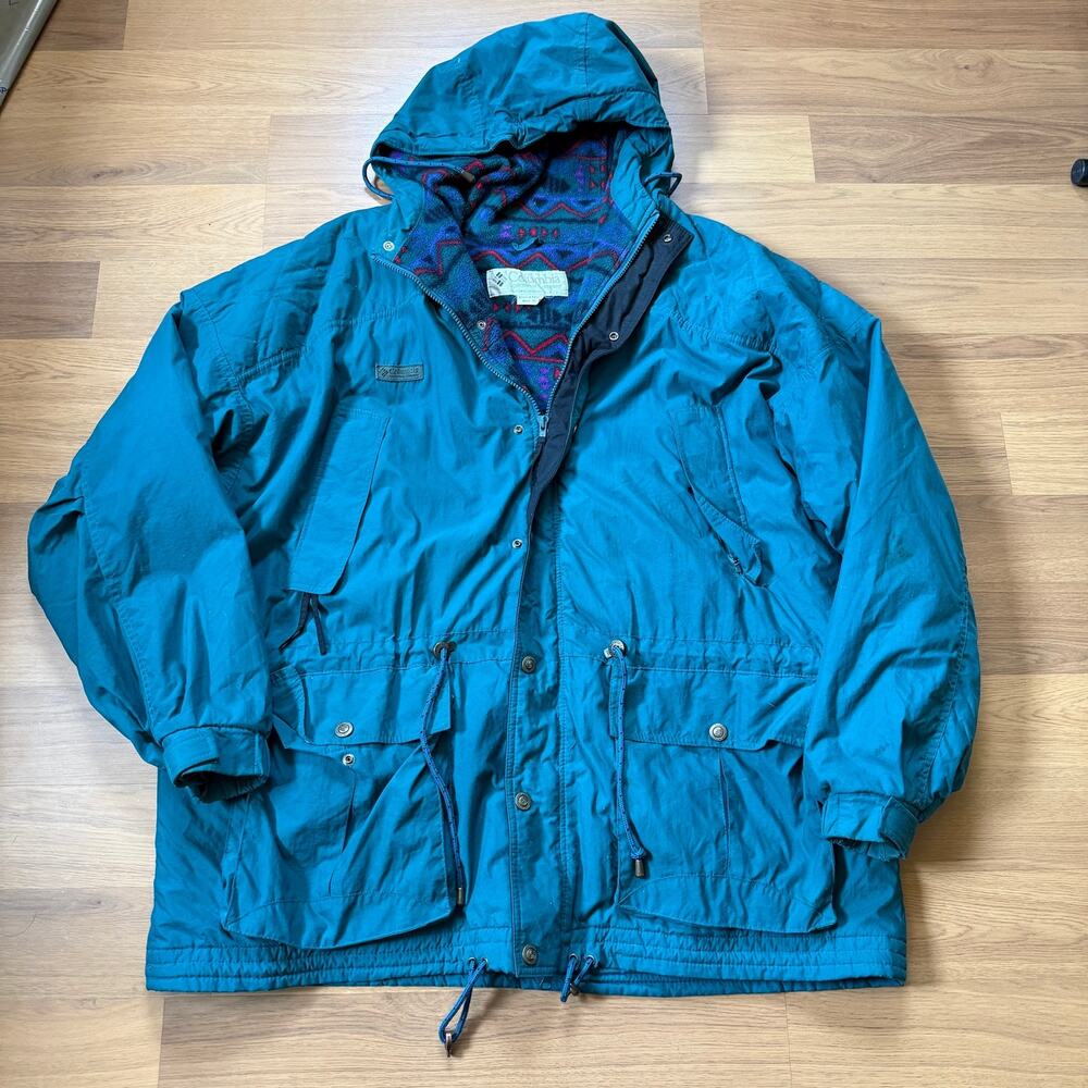 Men's Vintage 90's Columbia Green Teal Fleece Lined Hooded Parka Jacket Sz XL